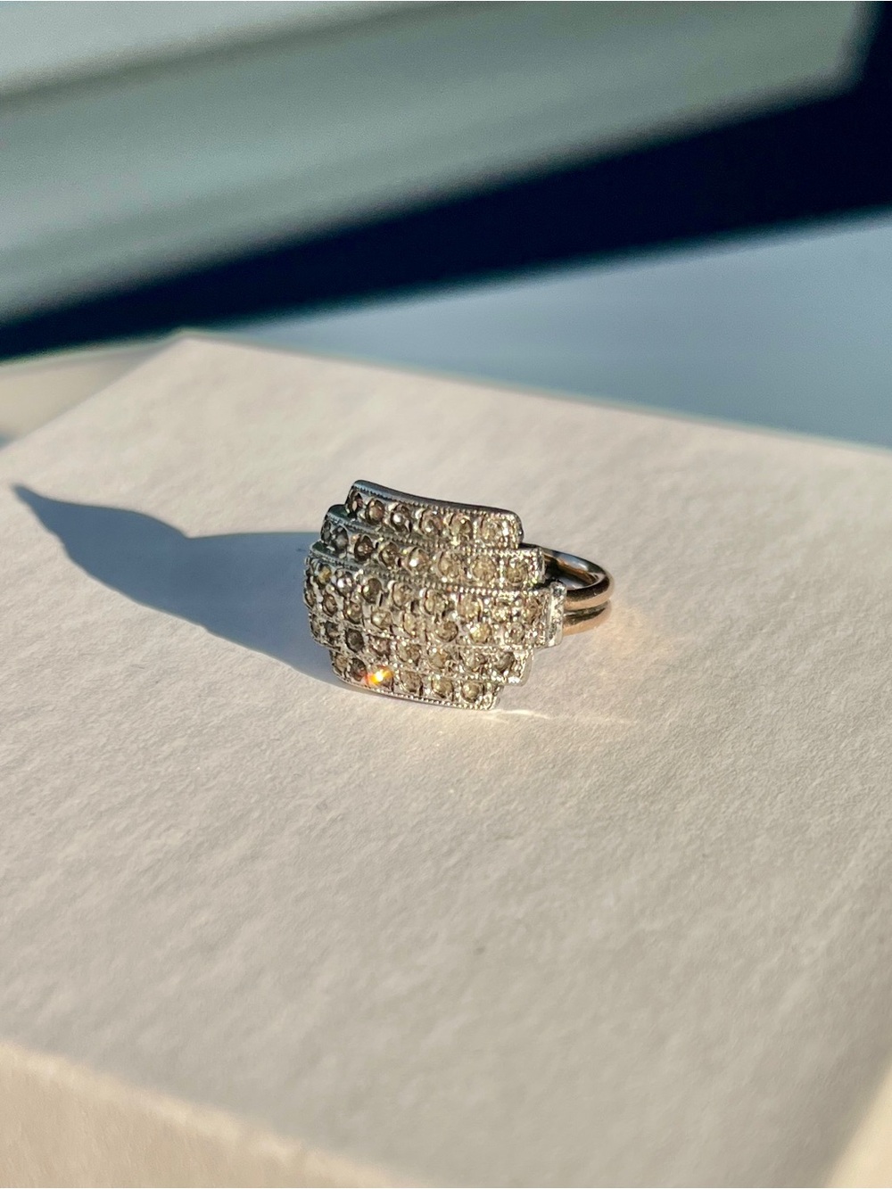 Art Deco Era Two-Tone Multi-Row Pavé Diamond Plaque Ring, size 6